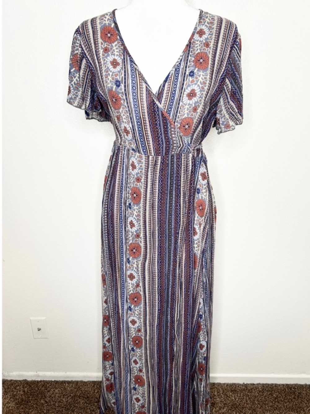 Patrons Of Peace Womens Blue & Cream Floral V-Neck Faux Wrap Maxi Dress Size S